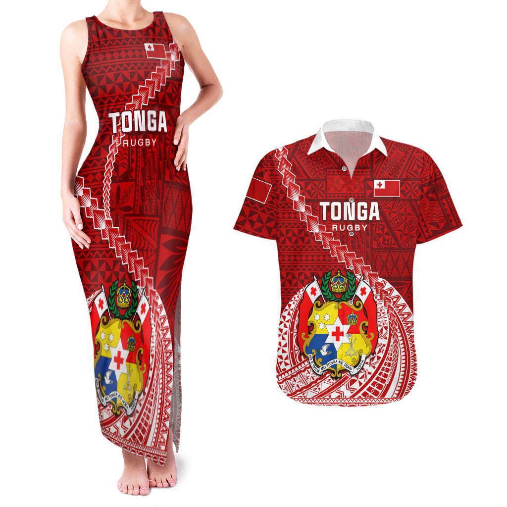 Custom Tonga Rugby Couples Matching Tank Maxi Dress and Hawaiian Shirt Tongan Ngatu Pattern White Version LT01 Red - Polynesian Pride