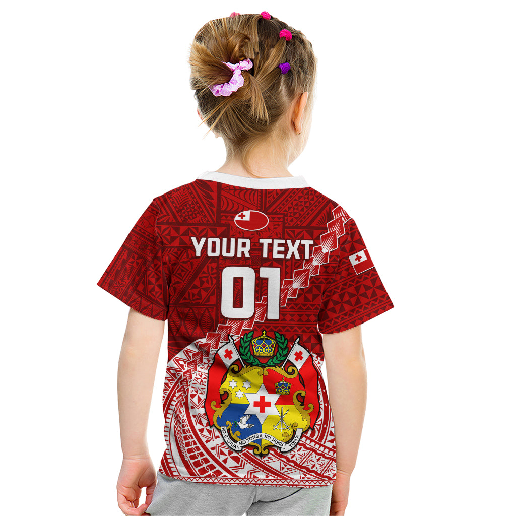 Custom Tonga Rugby Kid T Shirt Tongan Ngatu Pattern White Version LT01 - Polynesian Pride