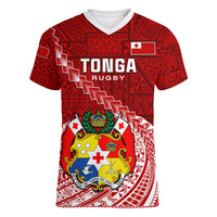 Custom Tonga Rugby Women V Neck T Shirt Tongan Ngatu Pattern White Version LT01 Female Red - Polynesian Pride