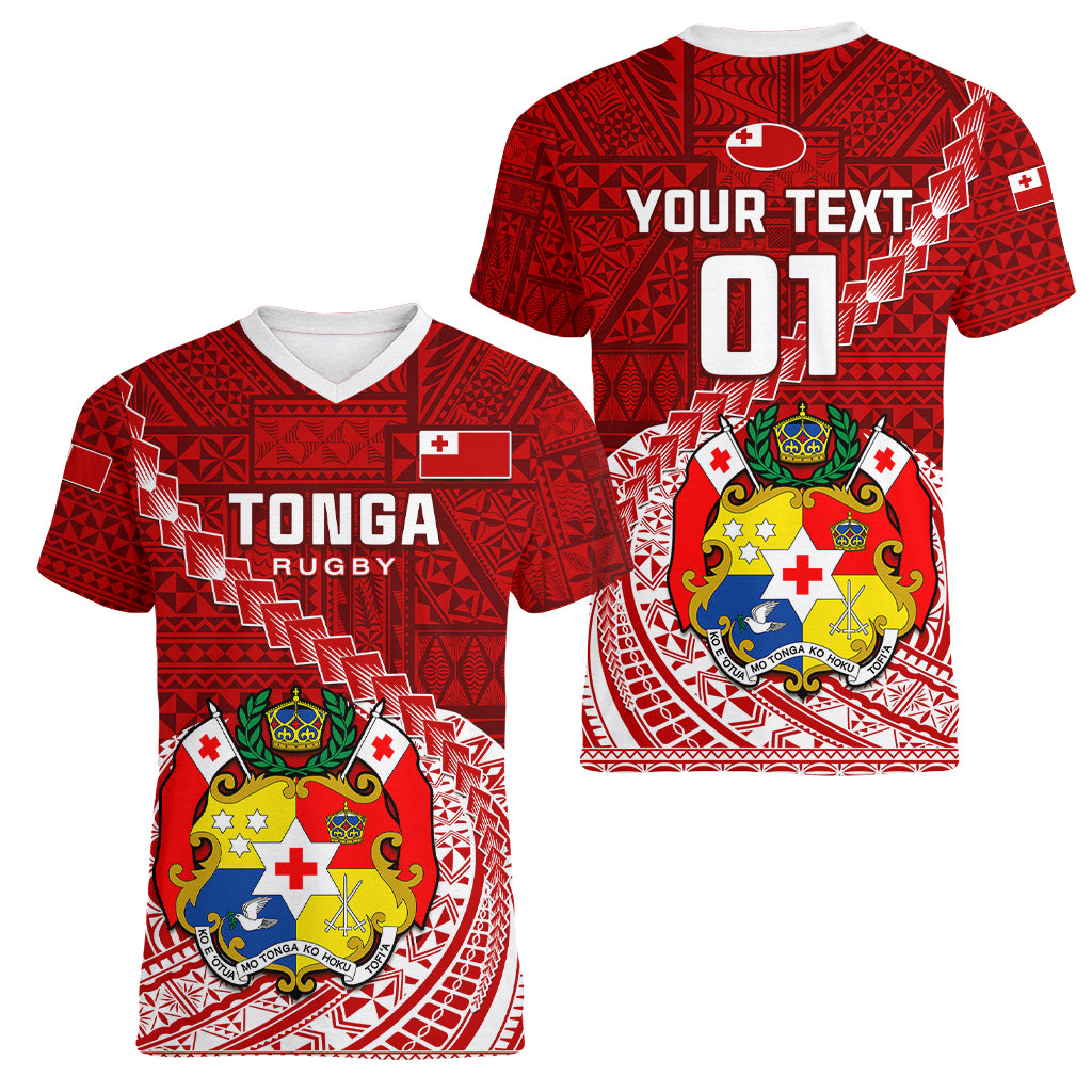 Custom Tonga Rugby Women V Neck T Shirt Tongan Ngatu Pattern White Version LT01 - Polynesian Pride