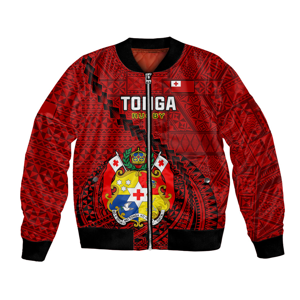 Tonga Rugby Bomber Jacket Tongan Ngatu Pattern Black Version LT01 Unisex Red - Polynesian Pride
