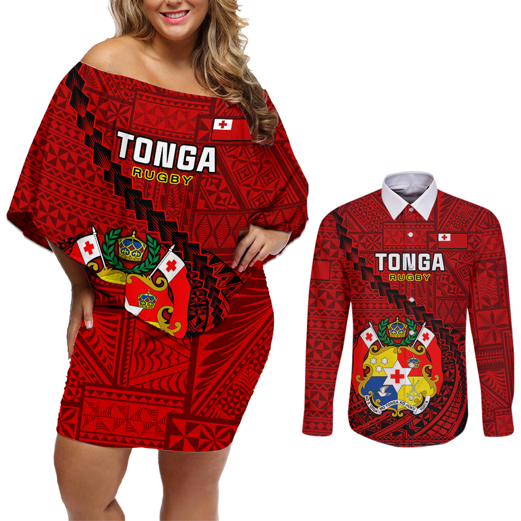 Tonga Rugby Couples Matching Off Shoulder Short Dress and Long Sleeve Button Shirts Tongan Ngatu Pattern Black Version LT01 Red - Polynesian Pride