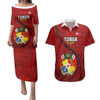 Tonga Rugby Couples Matching Puletasi Dress and Hawaiian Shirt Tongan Ngatu Pattern Black Version LT01 Red - Polynesian Pride