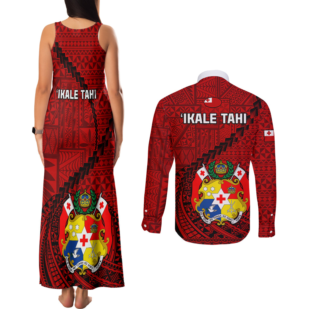 Tonga Rugby Couples Matching Tank Maxi Dress and Long Sleeve Button Shirts Tongan Ngatu Pattern Black Version LT01 - Polynesian Pride