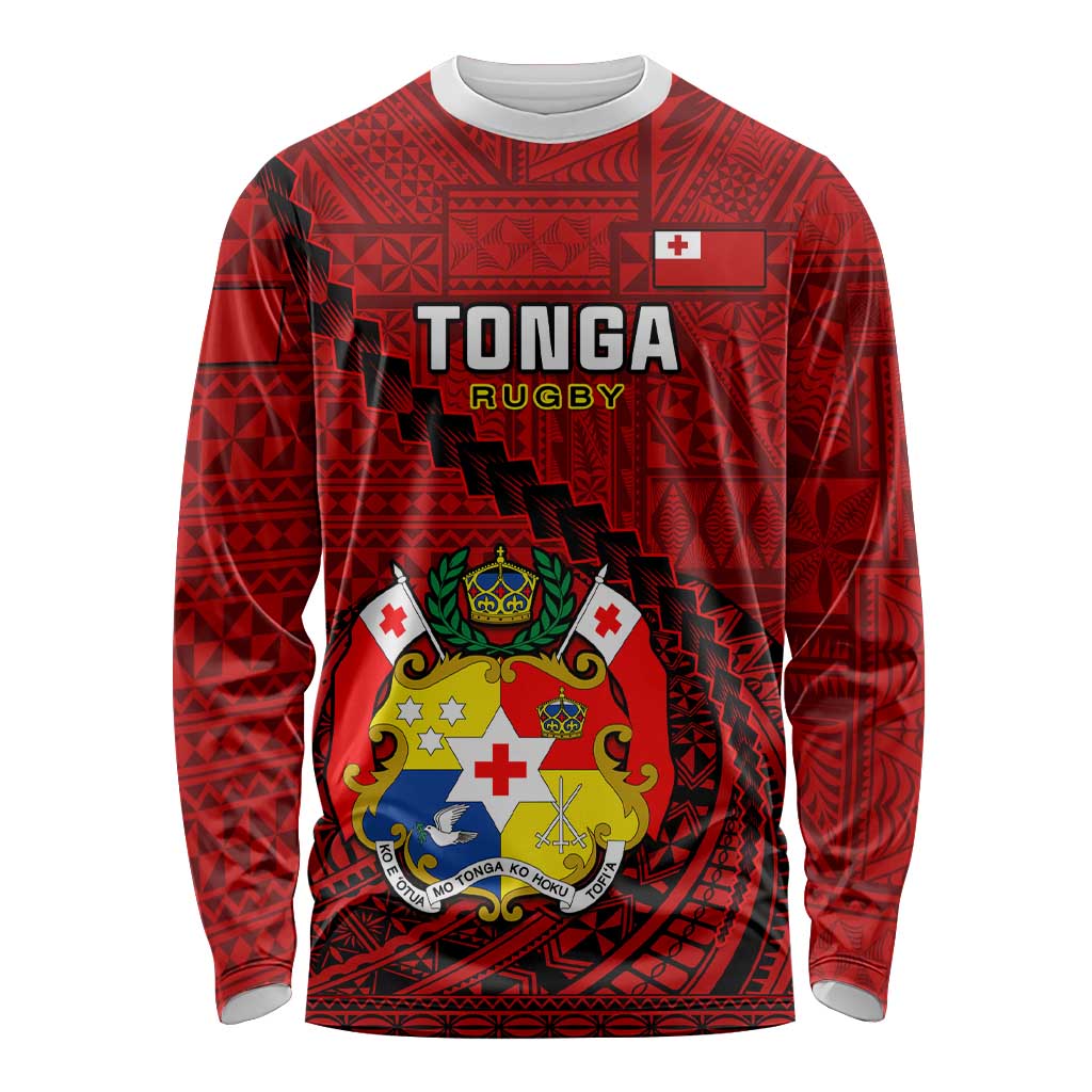 Tonga Rugby Long Sleeve Shirt Tongan Ngatu Pattern Black Version LT01 Unisex Red - Polynesian Pride