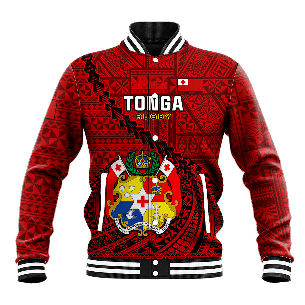 Custom Tonga Rugby Baseball Jacket Tongan Ngatu Pattern Black Version LT01 Unisex Red - Polynesian Pride