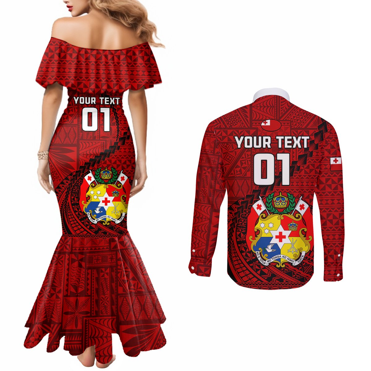 Custom Tonga Rugby Couples Matching Mermaid Dress and Long Sleeve Button Shirts Tongan Ngatu Pattern Black Version LT01 - Polynesian Pride