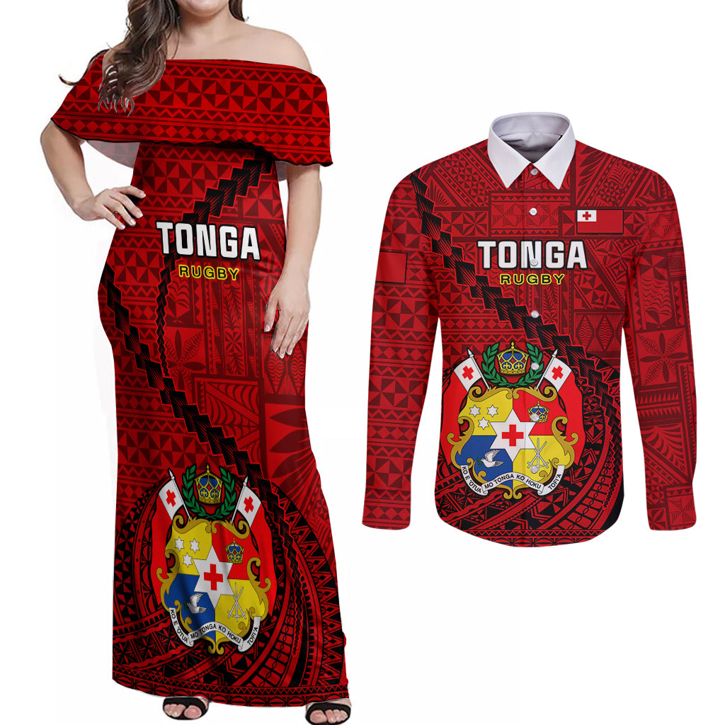 Custom Tonga Rugby Couples Matching Off Shoulder Maxi Dress and Long Sleeve Button Shirts Tongan Ngatu Pattern Black Version LT01 Red - Polynesian Pride
