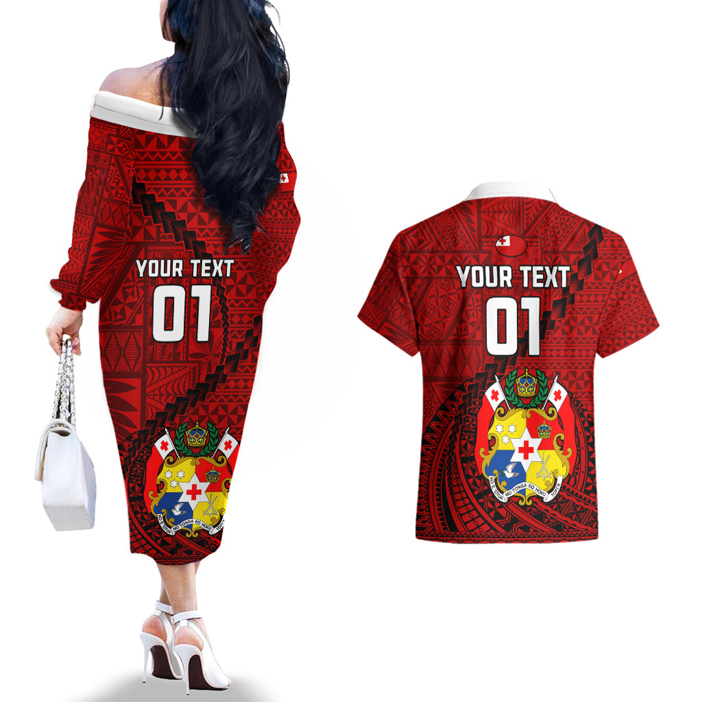 Custom Tonga Rugby Couples Matching Off The Shoulder Long Sleeve Dress and Hawaiian Shirt Tongan Ngatu Pattern Black Version LT01 - Polynesian Pride
