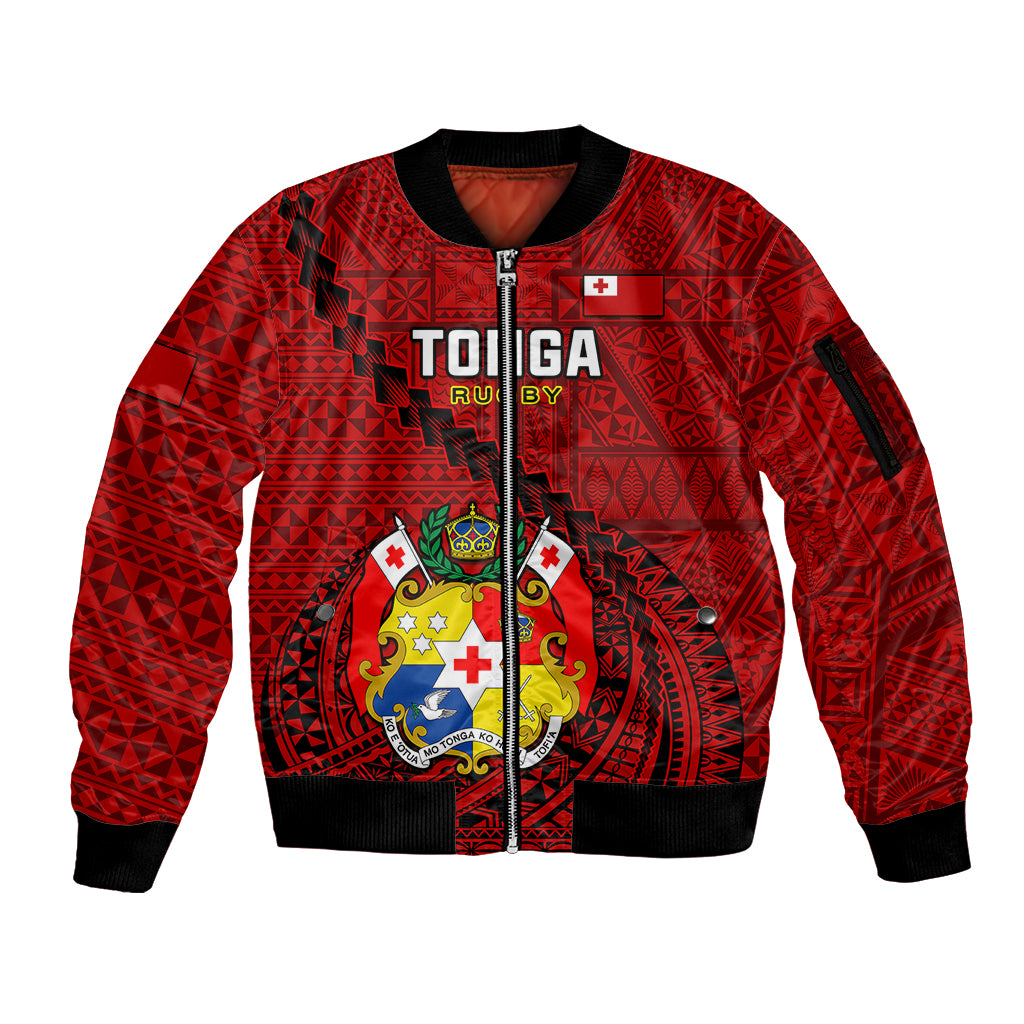 Custom Tonga Rugby Sleeve Zip Bomber Jacket Tongan Ngatu Pattern Black Version LT01 Unisex Red - Polynesian Pride