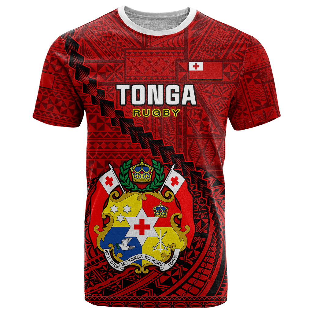 Custom Tonga Rugby T Shirt Tongan Ngatu Pattern Black Version LT01 Red - Polynesian Pride