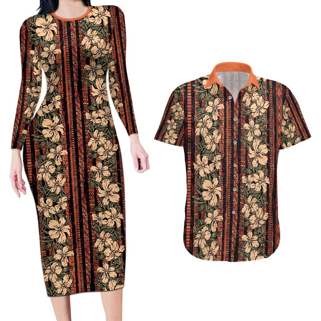 Hawaii Hibiscus Couples Matching Long Sleeve Bodycon Dress and Hawaiian Shirt Retro Style - Polynesian Pride