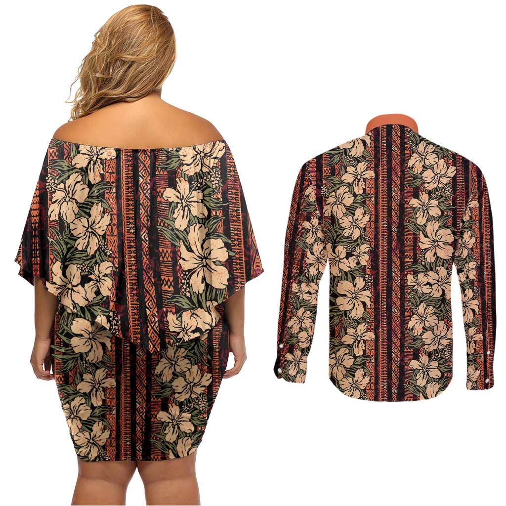 Hawaii Hibiscus Couples Matching Off Shoulder Short Dress and Long Sleeve Button Shirt Retro Style - Polynesian Pride