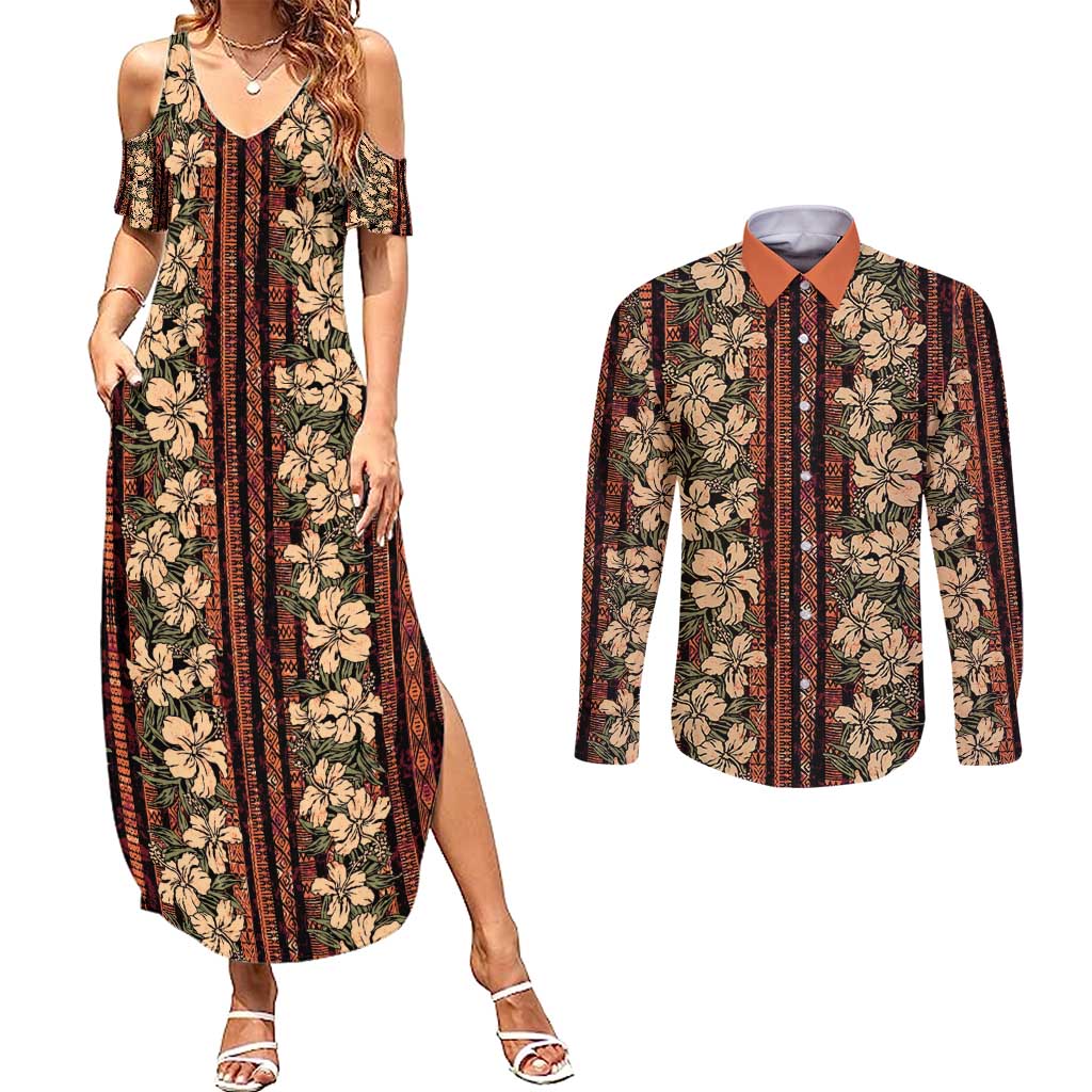 Hawaii Hibiscus Couples Matching Summer Maxi Dress and Long Sleeve Button Shirt Retro Style - Polynesian Pride