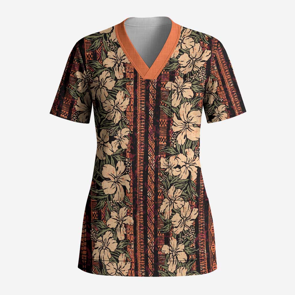 Hawaii Hibiscus Scrub Top Retro Style LT01 Adult Brown - Polynesian Pride