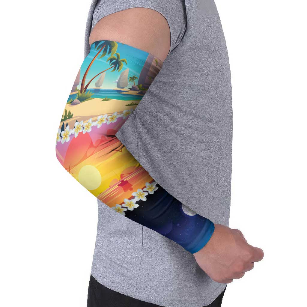 Hawaii Beach Landscape Time-Lapse Arm Sleeves Tropical Plumeria Flowers - Polynesian Pride