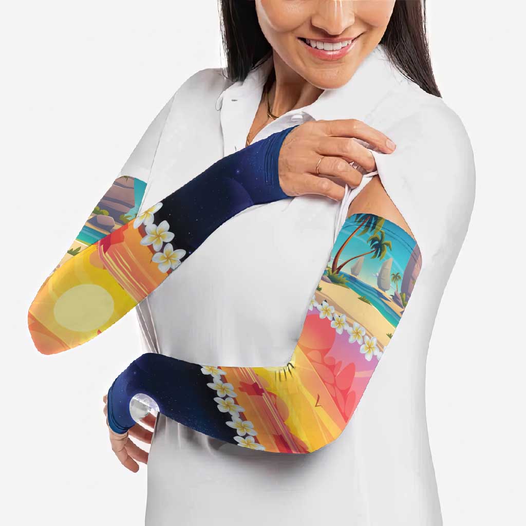 Hawaii Beach Landscape Time-Lapse Arm Sleeves Tropical Plumeria Flowers - Polynesian Pride