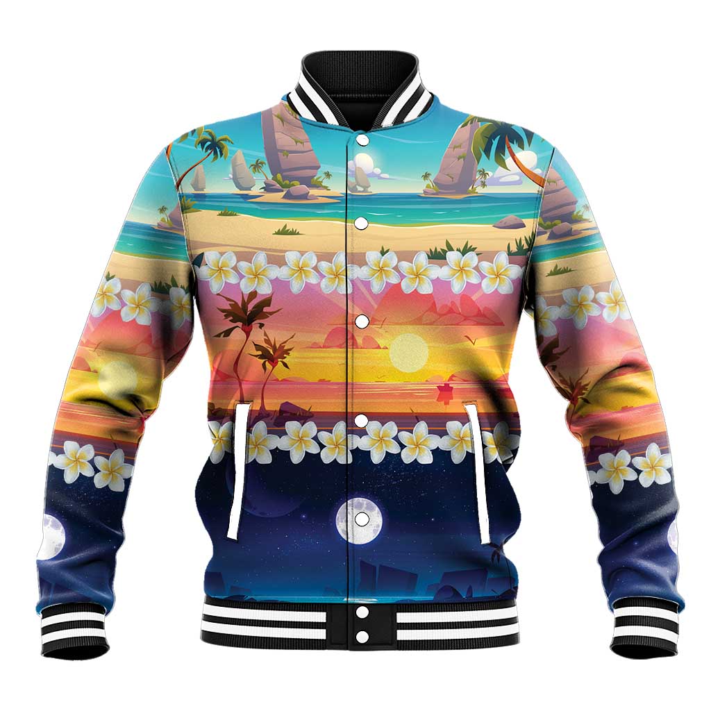 Hawaii Beach Landscape Time-Lapse Baseball Jacket Tropical Plumeria Flowers - Polynesian Pride
