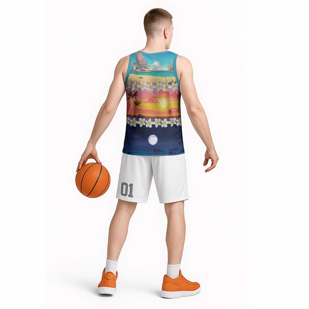 Hawaii Beach Landscape Time-Lapse Basketball Jersey Tropical Plumeria Flowers - Polynesian Pride