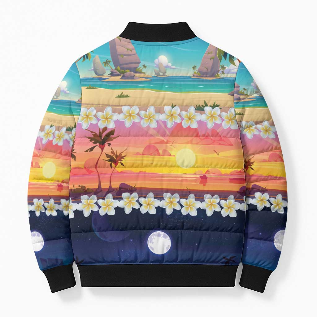 Hawaii Beach Landscape Time-Lapse Bomber Puffer Jacket Tropical Plumeria Flowers - Polynesian Pride