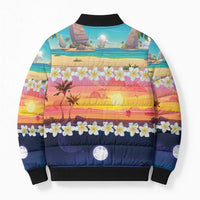 Hawaii Beach Landscape Time-Lapse Bomber Puffer Jacket Tropical Plumeria Flowers - Polynesian Pride