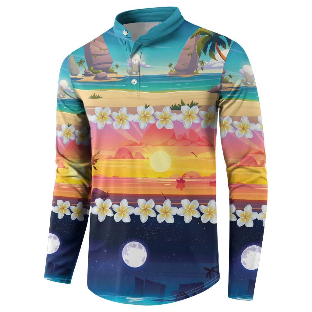 Hawaii Beach Landscape Time-Lapse Button Sweatshirt Tropical Plumeria Flowers - Polynesian Pride