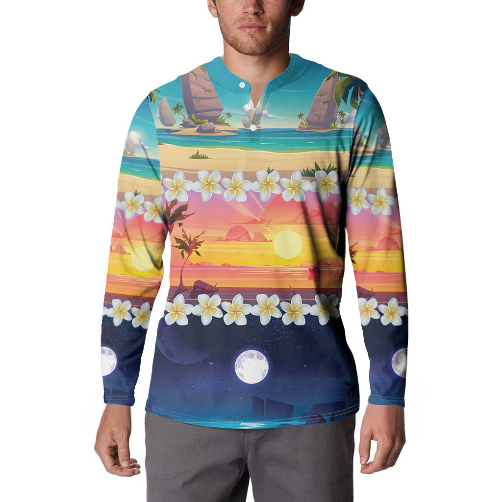 Hawaii Beach Landscape Time-Lapse Button Sweatshirt Tropical Plumeria Flowers - Polynesian Pride