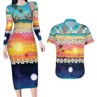 Hawaii Beach Landscape Time-Lapse Couples Matching Long Sleeve Bodycon Dress and Hawaiian Shirt Tropical Plumeria Flowers - Polynesian Pride