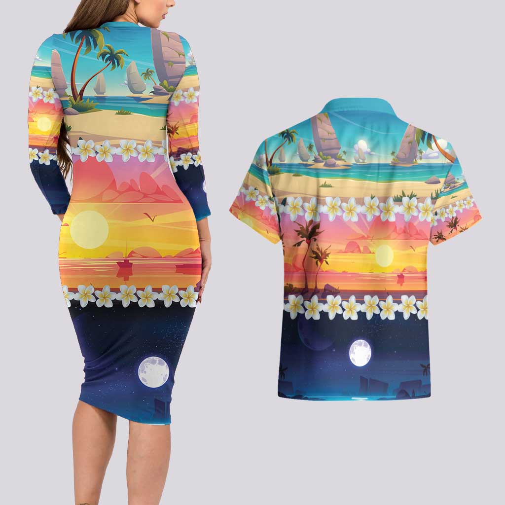 Hawaii Beach Landscape Time-Lapse Couples Matching Long Sleeve Bodycon Dress and Hawaiian Shirt Tropical Plumeria Flowers - Polynesian Pride