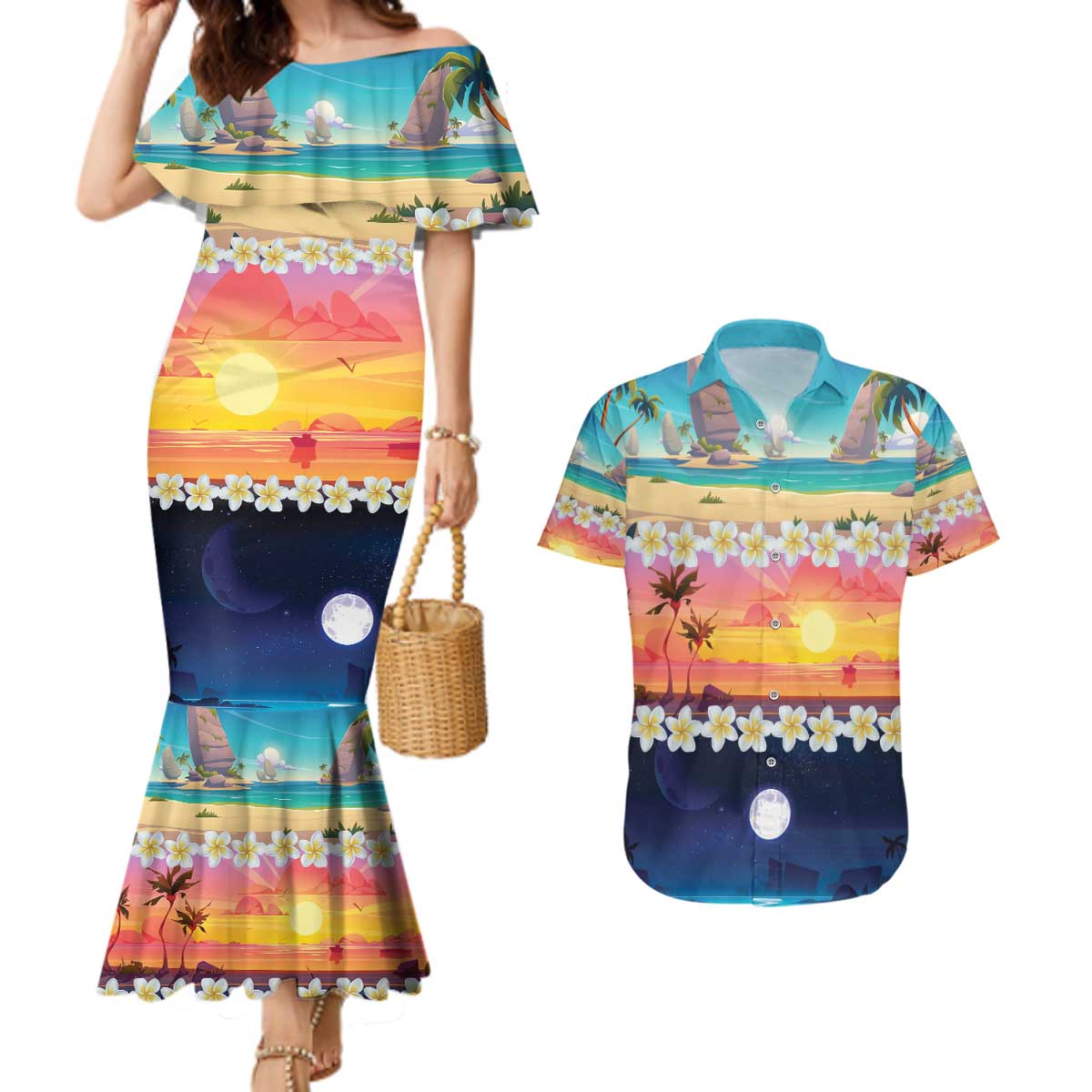 Hawaii Beach Landscape Time-Lapse Couples Matching Mermaid Dress and Hawaiian Shirt Tropical Plumeria Flowers - Polynesian Pride