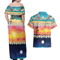 Hawaii Beach Landscape Time-Lapse Couples Matching Off Shoulder Maxi Dress and Hawaiian Shirt Tropical Plumeria Flowers - Polynesian Pride