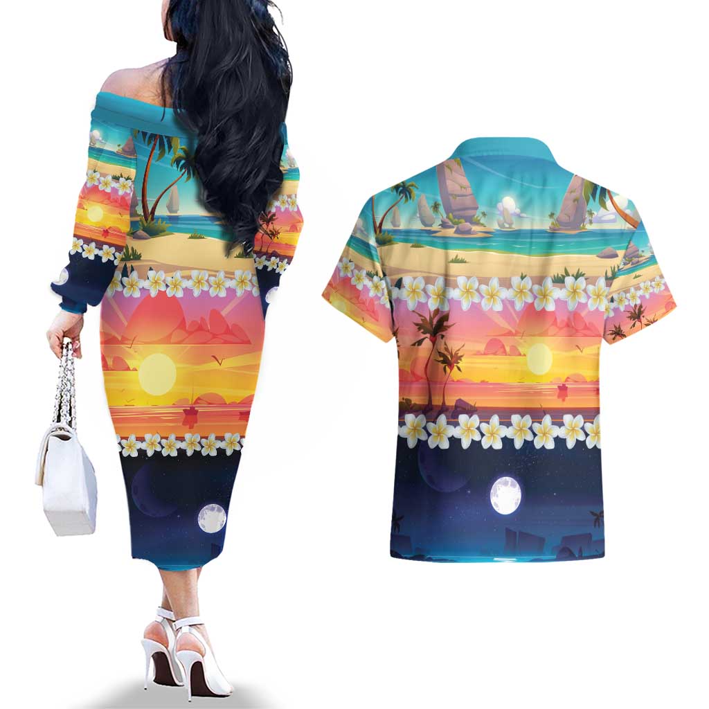 Hawaii Beach Landscape Time-Lapse Couples Matching Off The Shoulder Long Sleeve Dress and Hawaiian Shirt Tropical Plumeria Flowers - Polynesian Pride