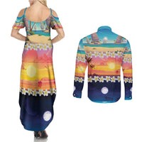 Hawaii Beach Landscape Time-Lapse Couples Matching Summer Maxi Dress and Long Sleeve Button Shirt Tropical Plumeria Flowers - Polynesian Pride