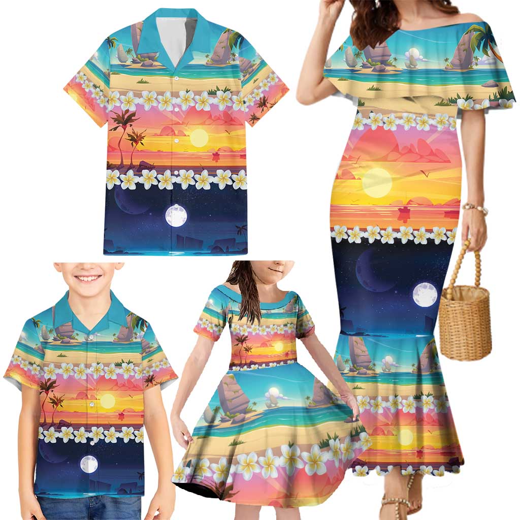 Hawaii Beach Landscape Time-Lapse Family Matching Mermaid Dress and Hawaiian Shirt Tropical Plumeria Flowers - Polynesian Pride