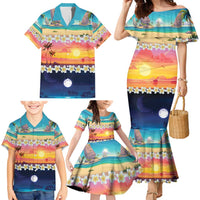 Hawaii Beach Landscape Time-Lapse Family Matching Mermaid Dress and Hawaiian Shirt Tropical Plumeria Flowers - Polynesian Pride