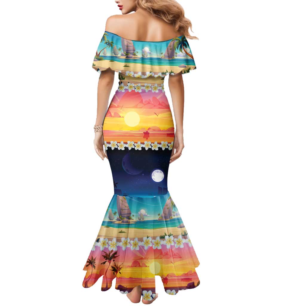 Hawaii Beach Landscape Time-Lapse Family Matching Mermaid Dress and Hawaiian Shirt Tropical Plumeria Flowers - Polynesian Pride
