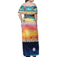 Hawaii Beach Landscape Time-Lapse Family Matching Off Shoulder Maxi Dress and Hawaiian Shirt Tropical Plumeria Flowers - Polynesian Pride