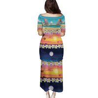 Hawaii Beach Landscape Time-Lapse Family Matching Puletasi and Hawaiian Shirt Tropical Plumeria Flowers - Polynesian Pride