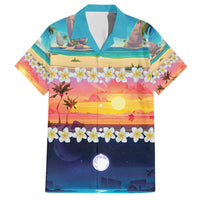 Hawaii Beach Landscape Time-Lapse Family Matching Short Sleeve Bodycon Dress and Hawaiian Shirt Tropical Plumeria Flowers - Polynesian Pride