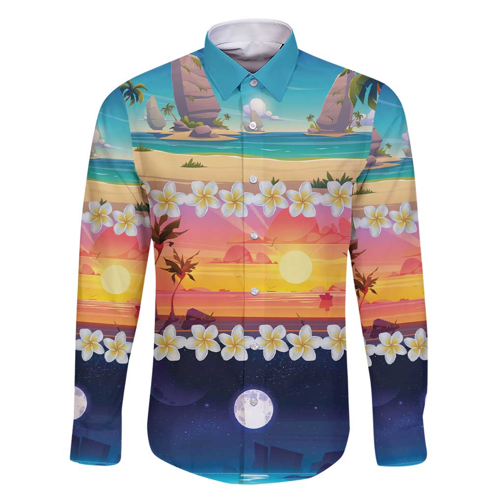 Hawaii Beach Landscape Time-Lapse Family Matching Short Sleeve Bodycon Dress and Hawaiian Shirt Tropical Plumeria Flowers - Polynesian Pride