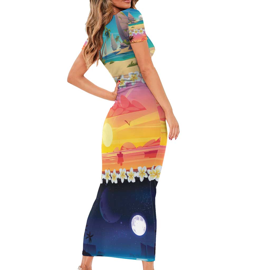 Hawaii Beach Landscape Time-Lapse Family Matching Short Sleeve Bodycon Dress and Hawaiian Shirt Tropical Plumeria Flowers - Polynesian Pride