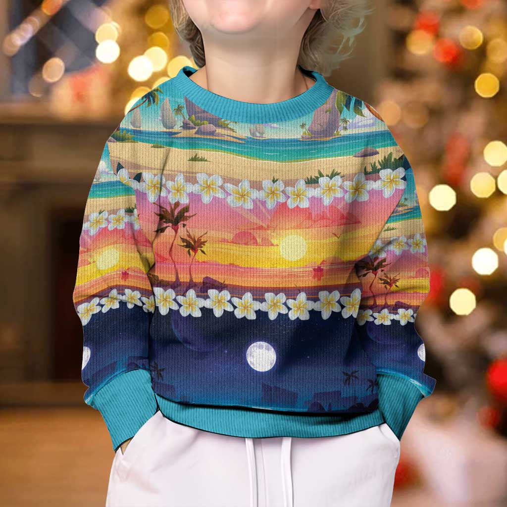 Hawaii Beach Landscape Time-Lapse Kid Ugly Christmas Sweater Tropical Plumeria Flowers - Polynesian Pride
