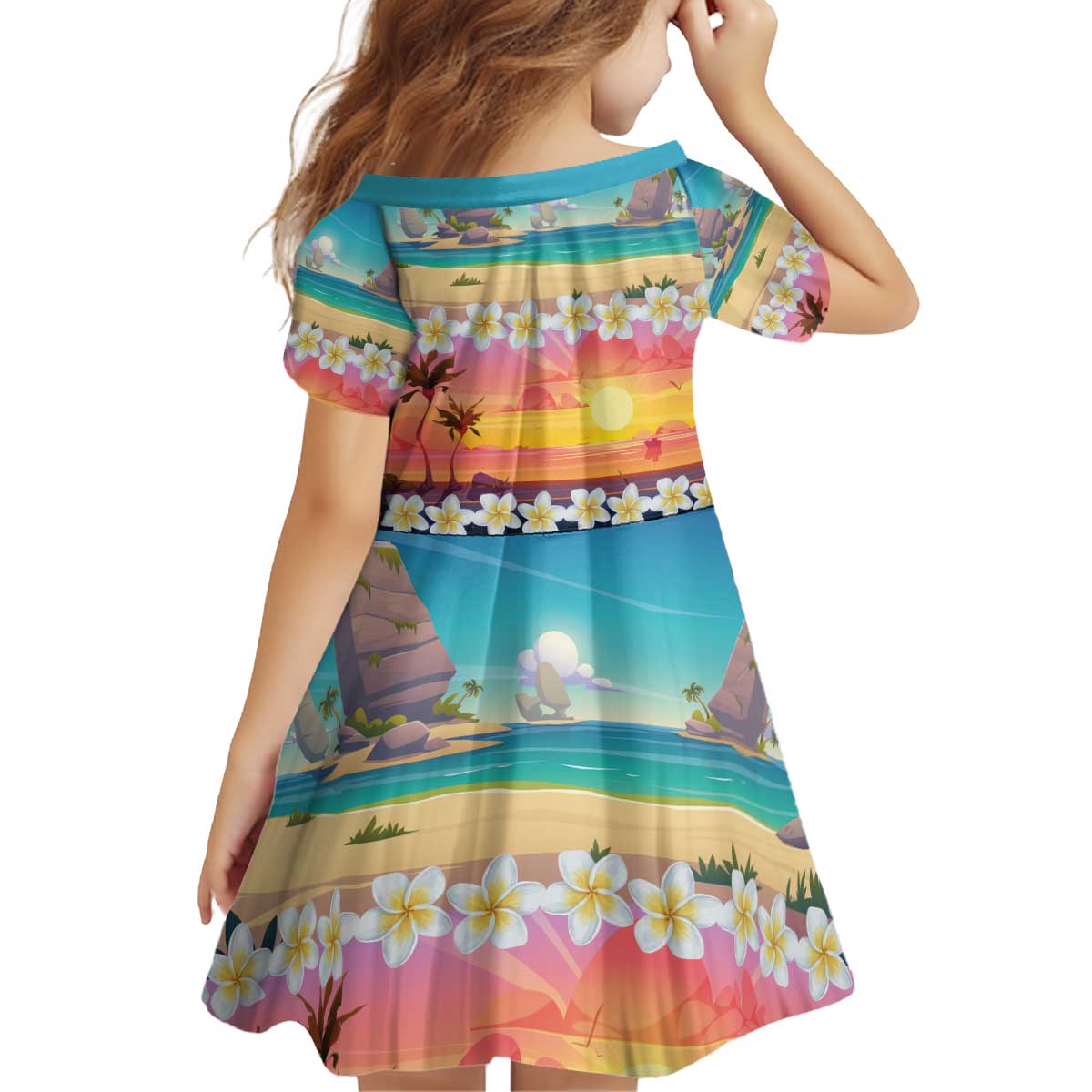 Hawaii Beach Landscape Time-Lapse Kid Short Sleeve Dress Tropical Plumeria Flowers - Polynesian Pride