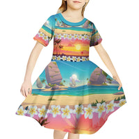 Hawaii Beach Landscape Time-Lapse Kid Short Sleeve Dress Tropical Plumeria Flowers - Polynesian Pride