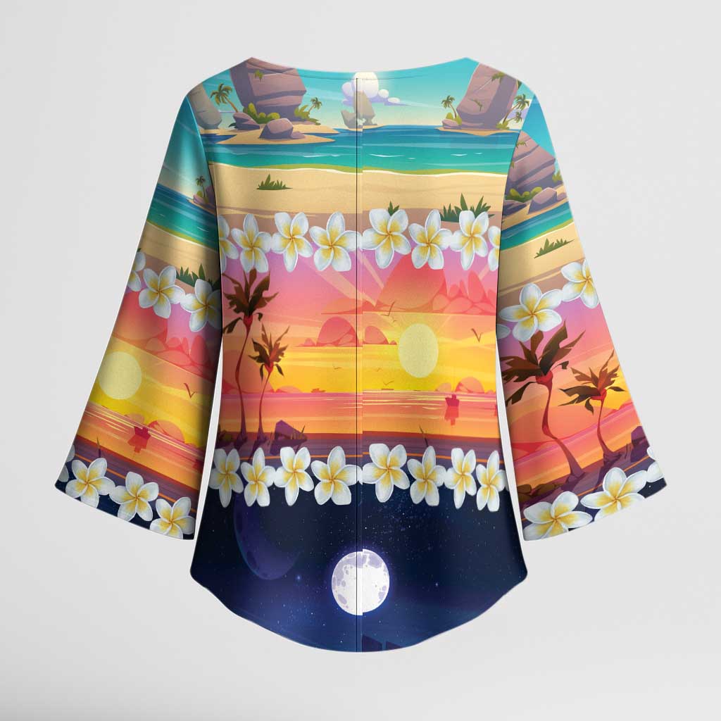 Hawaii Beach Landscape Time-Lapse Kimono Sleeve Blouse Tropical Plumeria Flowers - Polynesian Pride