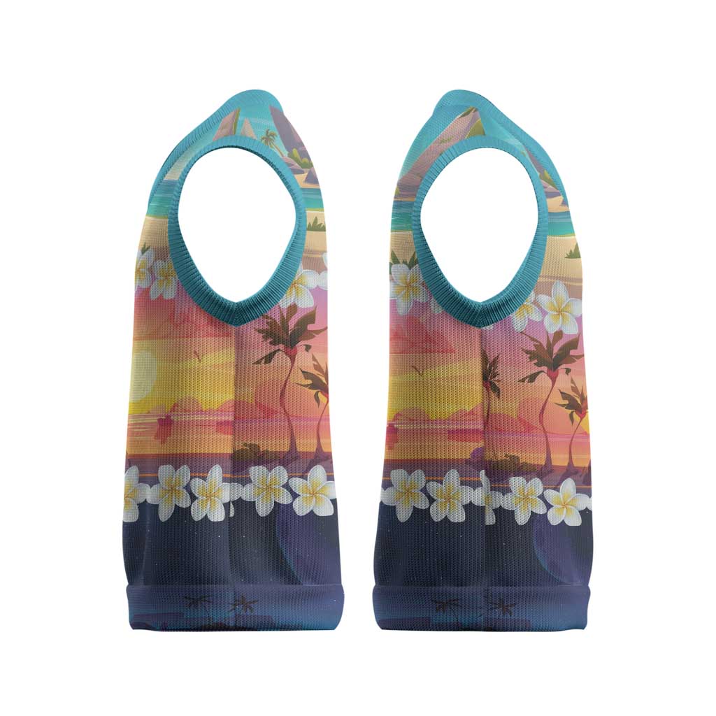 Hawaii Beach Landscape Time-Lapse Christmas Knitted V-Neck Vest Tropical Plumeria Flowers - Polynesian Pride