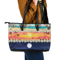 Hawaii Beach Landscape Time-Lapse Leather Tote Bag Tropical Plumeria Flowers - Polynesian Pride