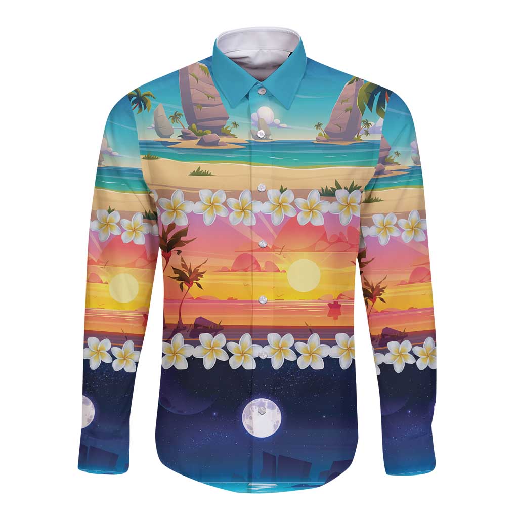 Hawaii Beach Landscape Time-Lapse Long Sleeve Button Shirt Tropical Plumeria Flowers - Polynesian Pride
