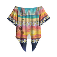 Hawaii Beach Landscape Time-Lapse Off Shoulder Wrap Waist Top Tropical Plumeria Flowers LT01 Multicolor - Polynesian Pride
