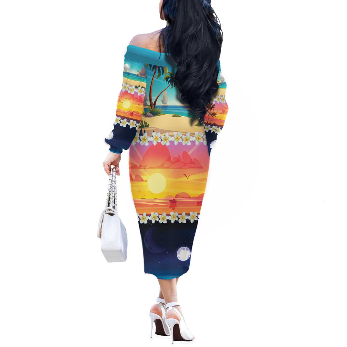 Hawaii Beach Landscape Time-Lapse Off The Shoulder Long Sleeve Dress Tropical Plumeria Flowers - Polynesian Pride